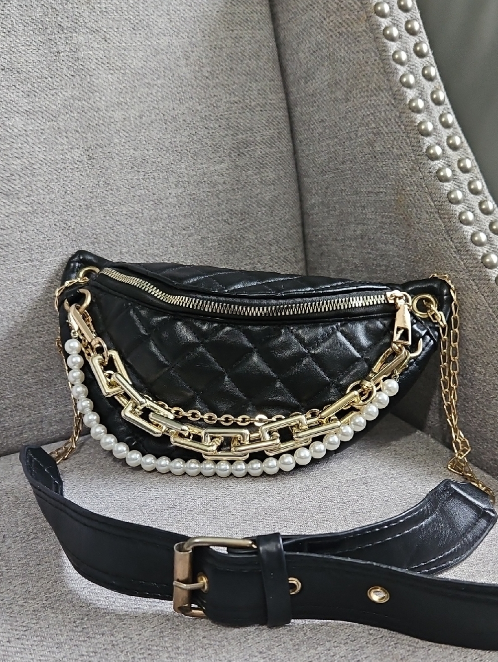Black Quilted Chain & Pearl Crossbody Belt Bag/fanny Pack